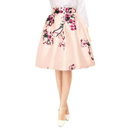 Women Floral High Waist Pleated A Line Midi Skirt Dress Pink XS (US