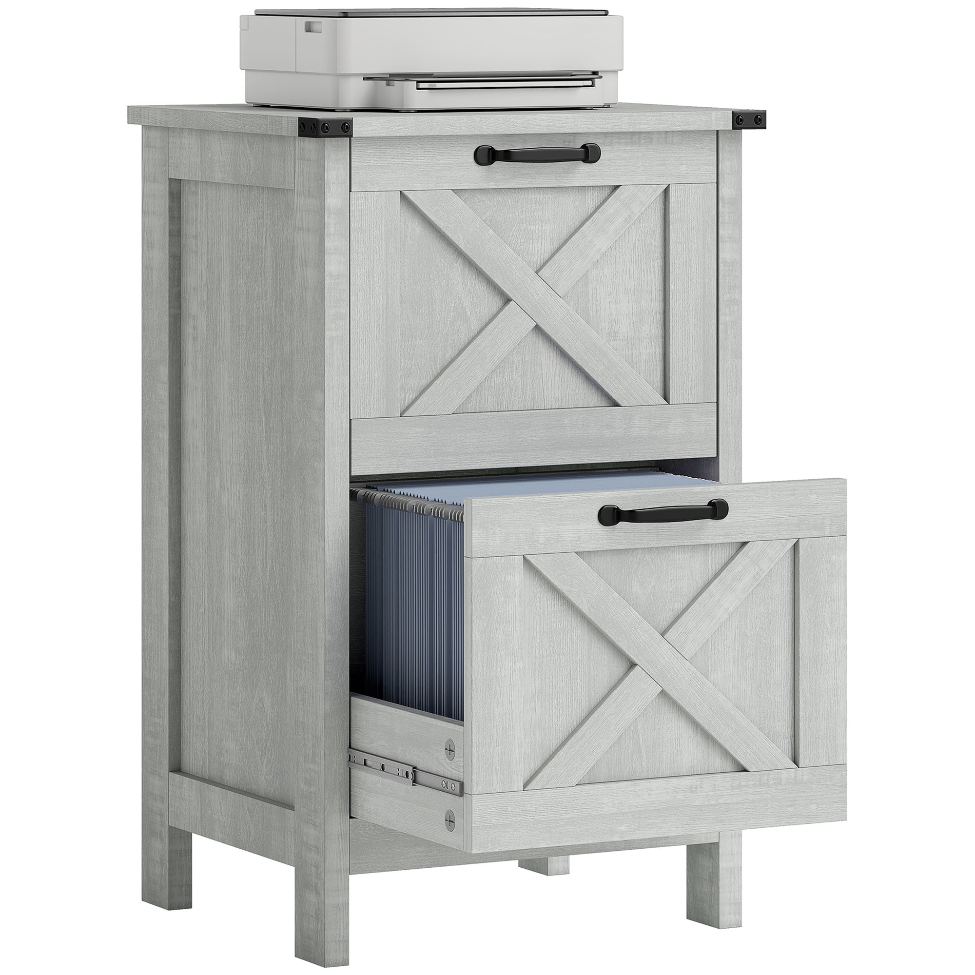 HOMCOM 2 Drawer Vertical File Cabinet with Silent Slides, Farmhouse Filing Cabinet with Barn Doors for A4/Letter Size, Distressed Light Gray