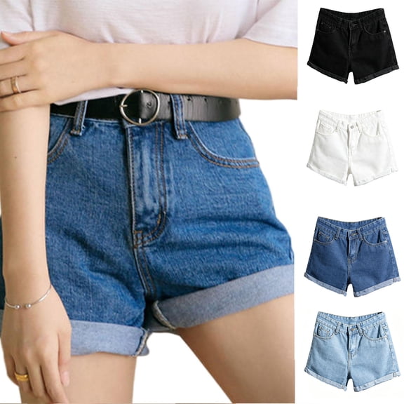 Ihhxva Denim Shorts for Women High Waisted Elastic Waist Stretchable Summer Dark Wash Straight-Leg Short Jeans Jeggings Streetwear Daily Wear Casual S-2XL