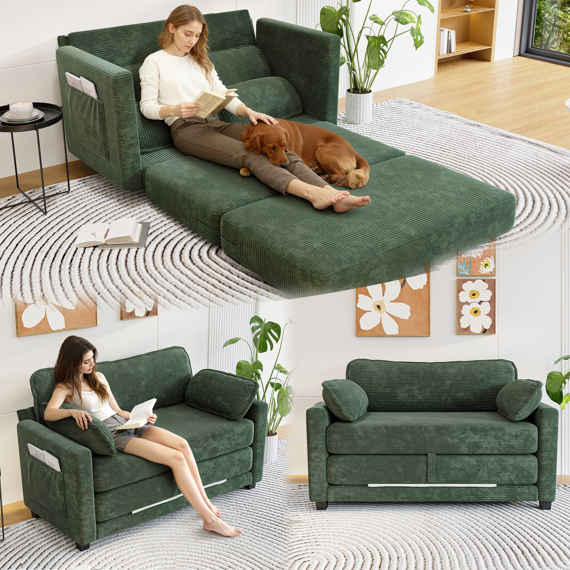 Jopat Convertible Sofa Bed,Corduroy Folding Sofa Bed,Loveseat Sleeper Sofa with Side Storage,Floor Couch for Apartment Living Room Bedroom,Dark Green