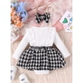 thumbnail image 2 of ZAXARRA Infant Baby Girls Fall Rompers Dress Lace Ruffles Rib Knit Houndstooth Skirt Hem Jumpsuits with Headband, 2 of 8