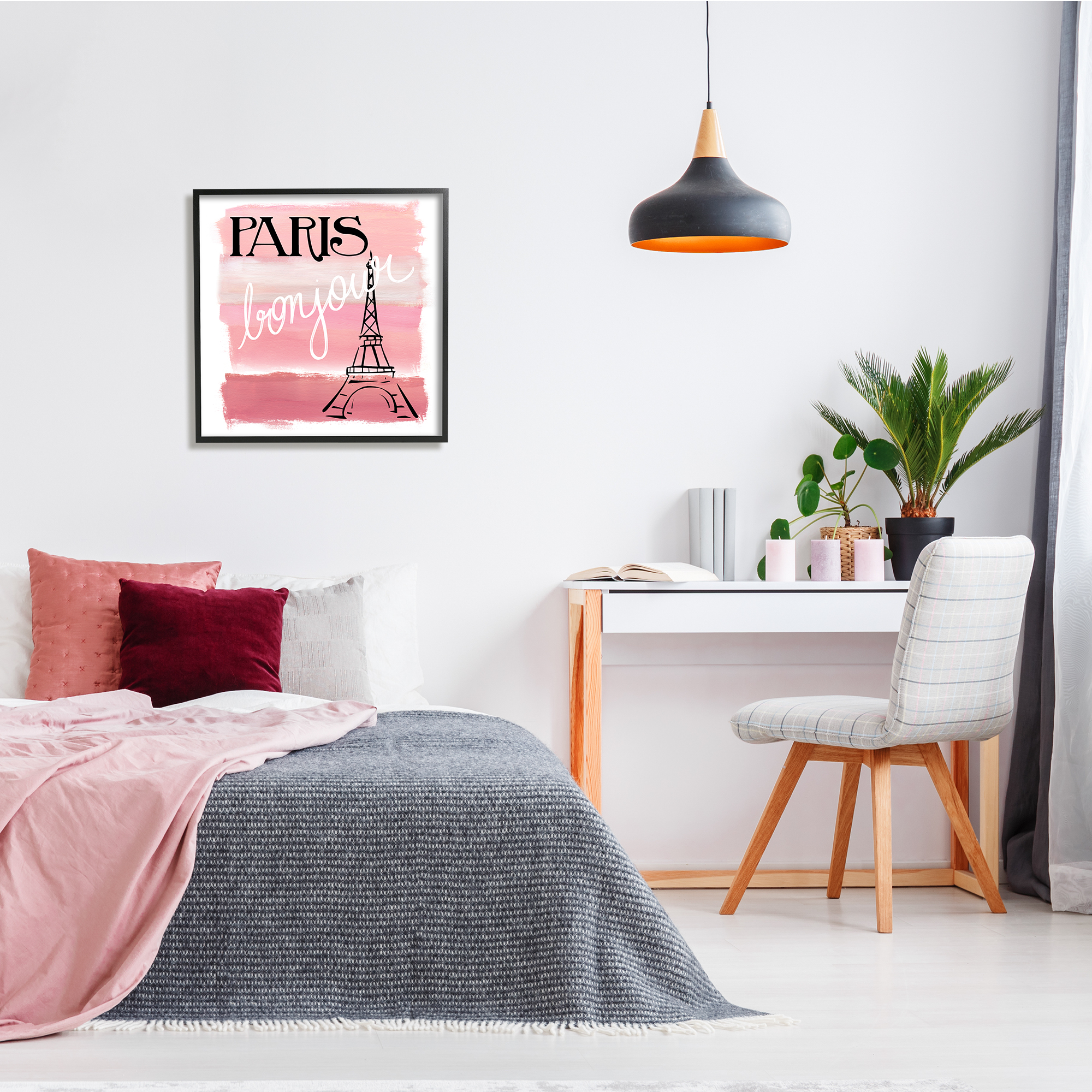 Stupell Industries Paris Bonjour French Eiffel Tower Abstract Pink Stripes, 24 x 24, Design by Nan