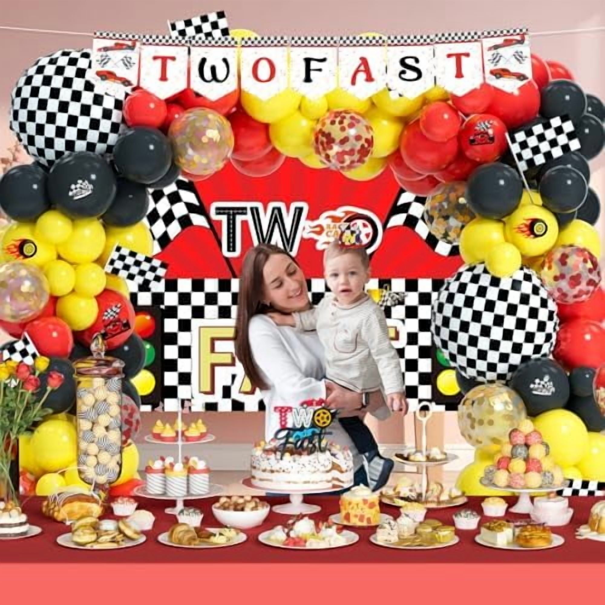 Two Fast Birthday Decorations – 131 PCs Race Car Themed Birthday Party Supplies with Two Fast Backdrop, Balloon Garland, Balloon Boxes, Number 2 Foil Balloon, Banner, Cake Topper, Poster
