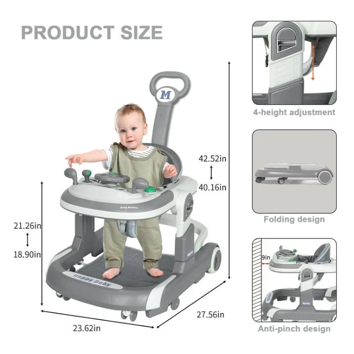 LHUAI 5-in-1 Baby Walker With Bouncer, Removable Footrest, Feeding Tray & Music, Foldable & Adjustable Activity Walker For Boys And Girls, Toddler Infant, Grey