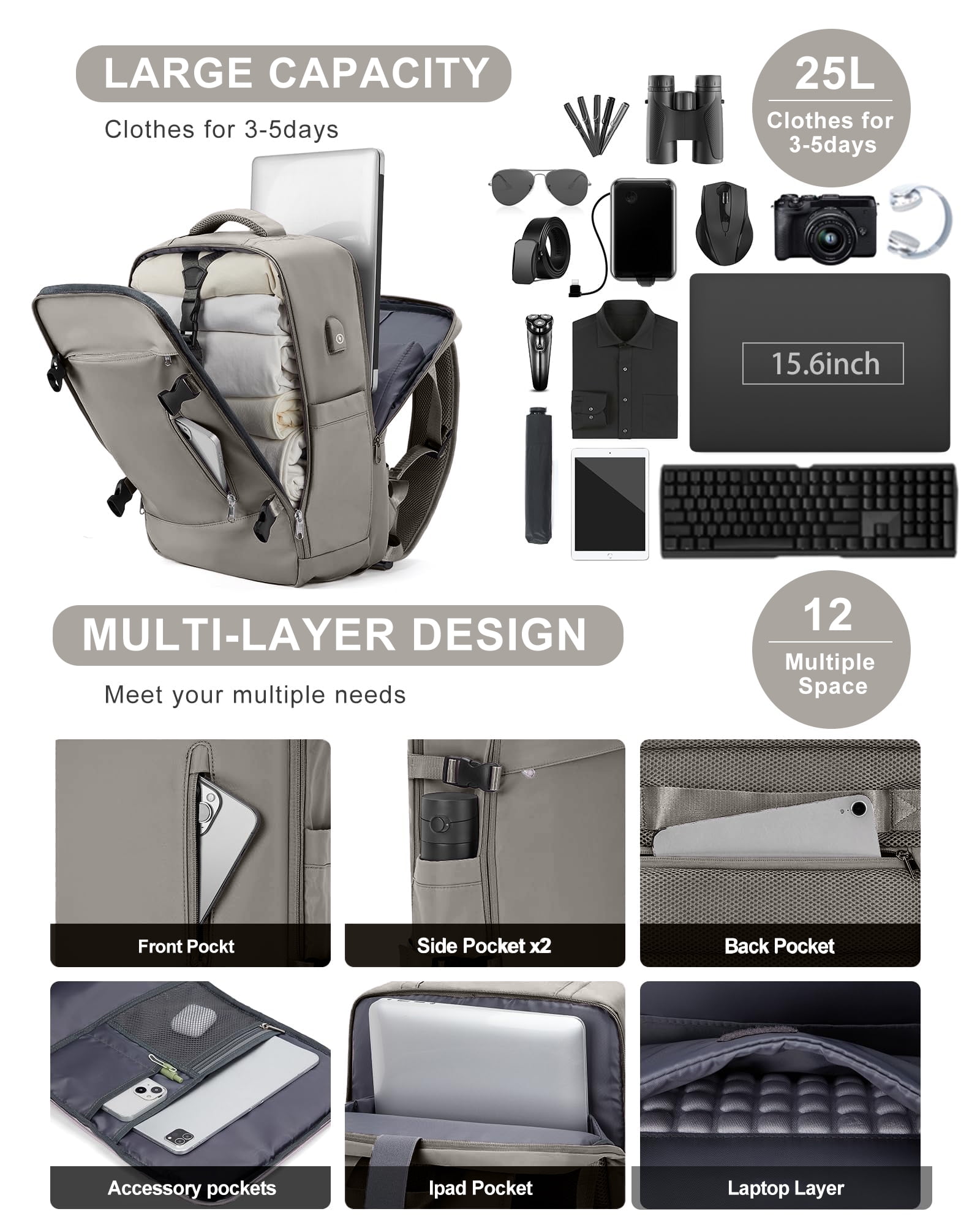 DAKIMOE Large Travel Backpack for Adults Carry on Laptop Backpack Flight Approved Waterproof College Bag with USB Charging Port & Shoe Pouch Casual Daypack for Women Men for Weekender Business, Gray