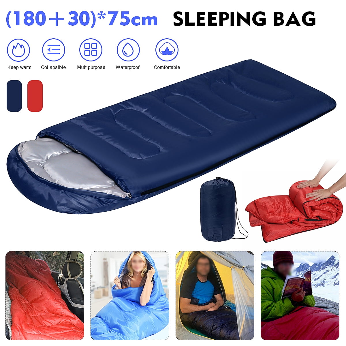 4 Season Waterproof Single Sleeping Bag Camping Hiking Case Travel Envelope Zip 