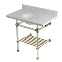Kingston Brass KVPB36MAB7 Templeton 36" Carrara Marble Console Sink with Acrylic Legs and Shelf (8-Inch, 3-Hole), Carrara Marble White/Brushed Brass