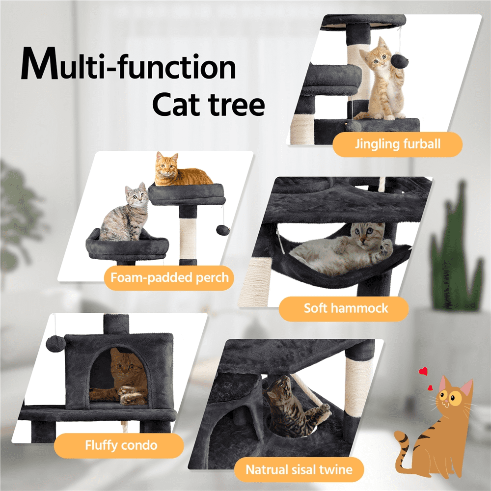 Alden Design 62" Double Condos Cat Tree and Scratching Post Tower, Black