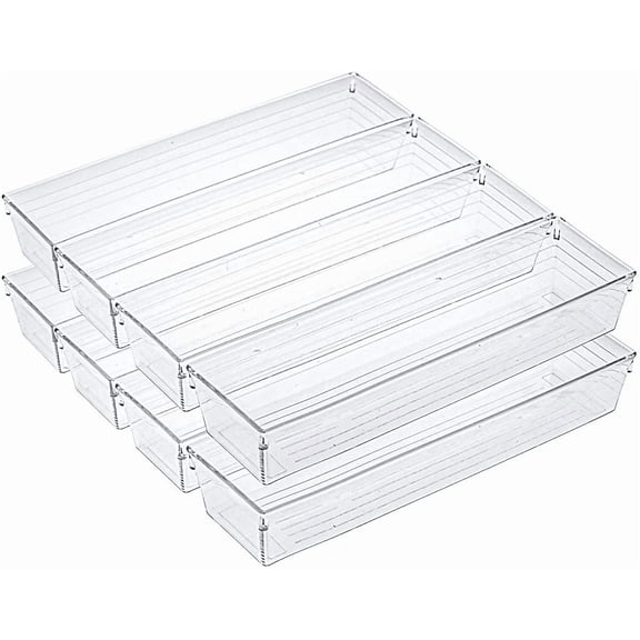 10 Pack 12 x 3 x 2 Inch Clear Drawer Organizer Trays, Desk Drawer Divider Storage Bins, Storage Box Set for Kitchen Bathroom Office Supplies
