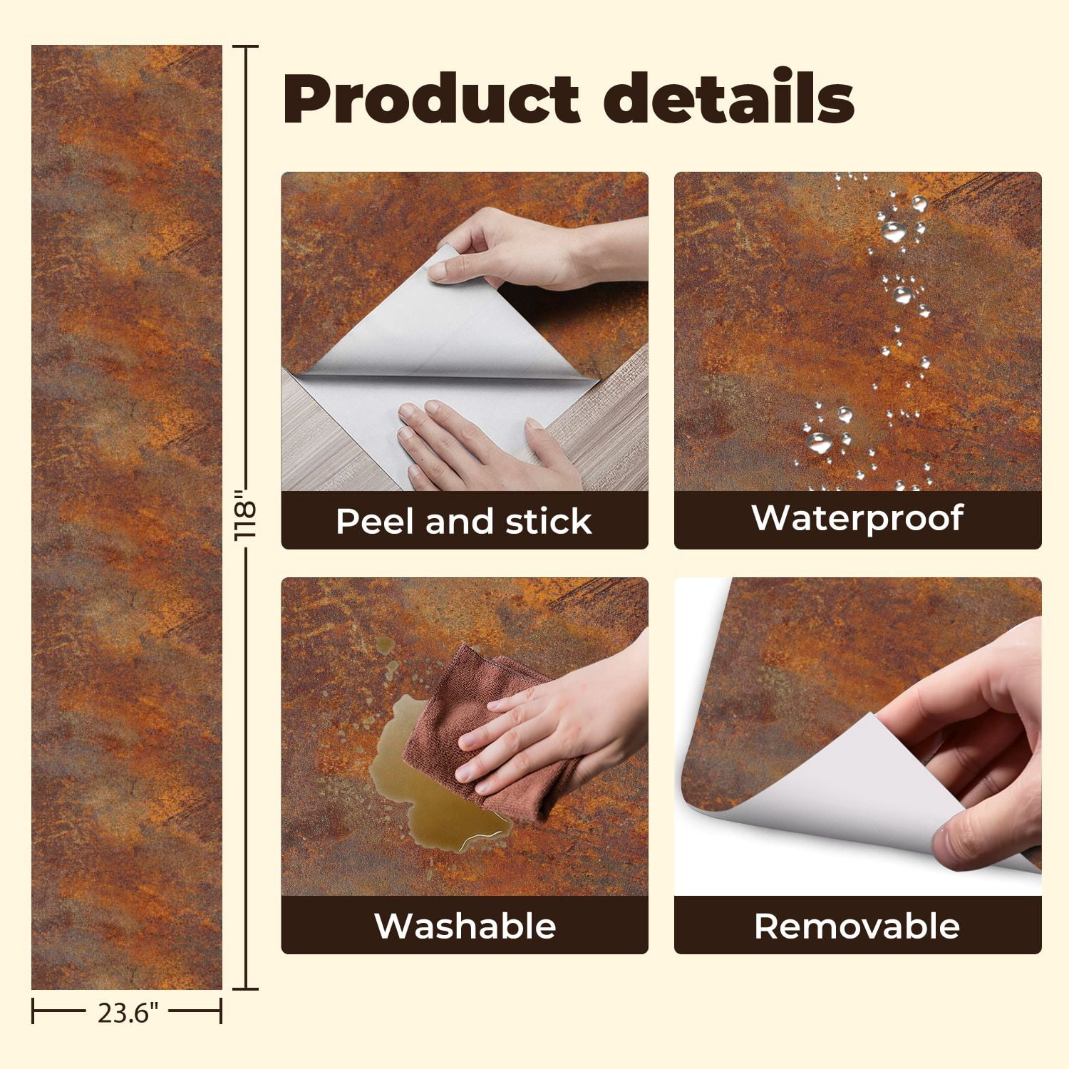 Industrial Peel and Stick Wallpaper 23.6in x 9.8ft Abstract Rusty Texture Warm Orange Brown Tones Contact Paper Vinyl Waterproof Self Adhesive Wall Paper for Bedroom Shelf Cabinet Renter Friendly