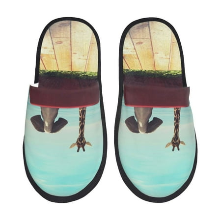 Balery Elehpant And A Giraffe Looking At The Sea Slient Indoor Furry Fleece Comfort House Shoes Soft Non-Slip Home Shoes Cotton slippers House Slippers-- Large