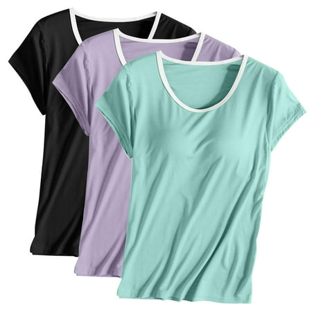 ibuvkizy Womens Summer Tops Clearance 3PCS Womens Built in Bra T Shirt Padded Active Yoga Plus Size Tops Solid Color Crew Neck Short Sleeves Blouses Soft Pajama Casual Workout Shirts