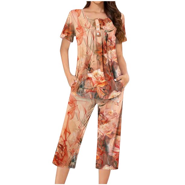 Blusas de Manga Corta para las Mujeres Casual Cuello Redondo, Pantalones de Moda Traje de Pijamas para Uso Diario Y Casero