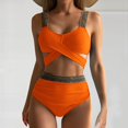 thumbnail image 3 of Women's High Waist Bikini Set Cross Back Tummy Control Two Piece Swimsuit Cover Belly Beach Swimwear for Vacation,Orange,L, 3 of 7