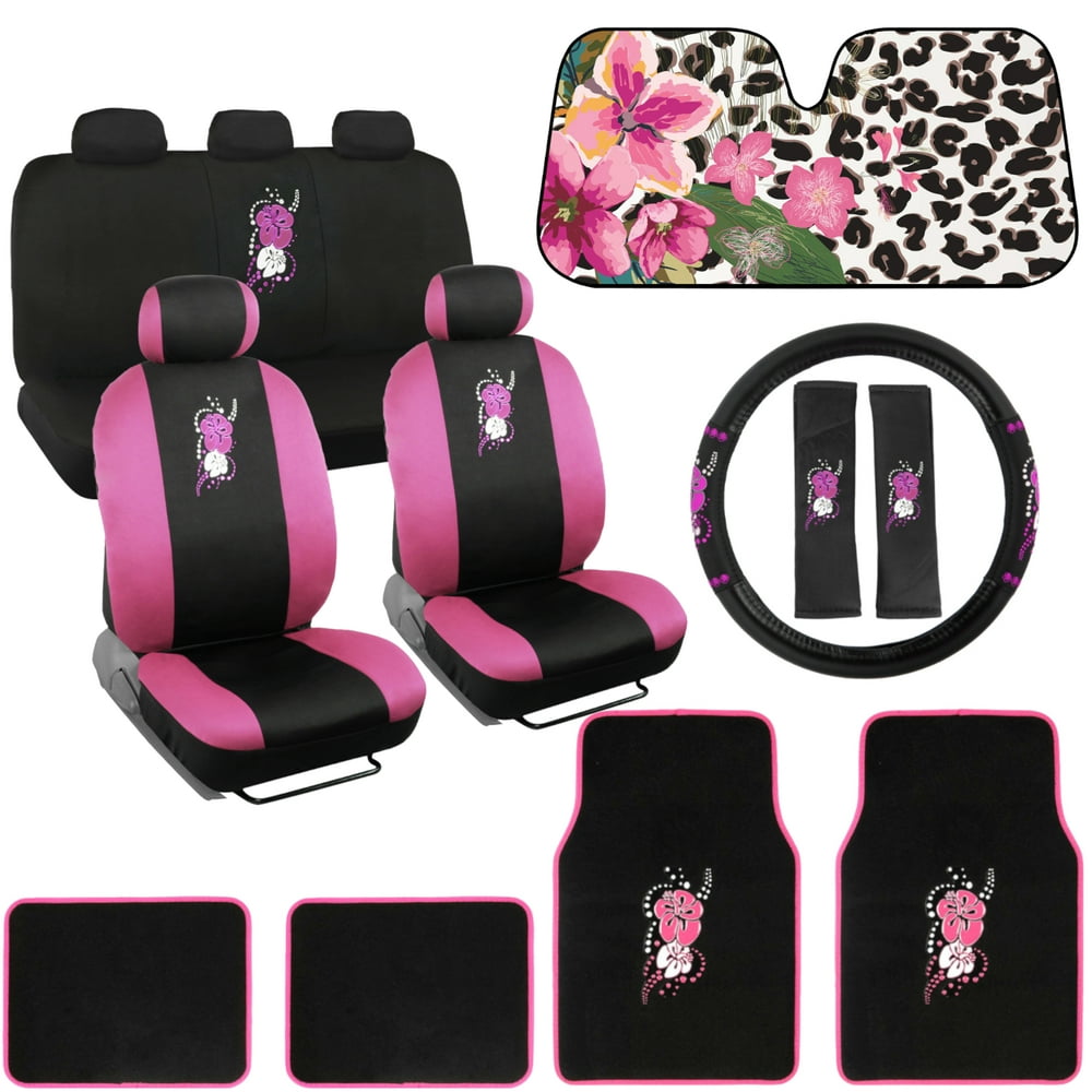 Pretty Black Pink Car Accessory Gift Set, Includes Hawaiian Flower Auto