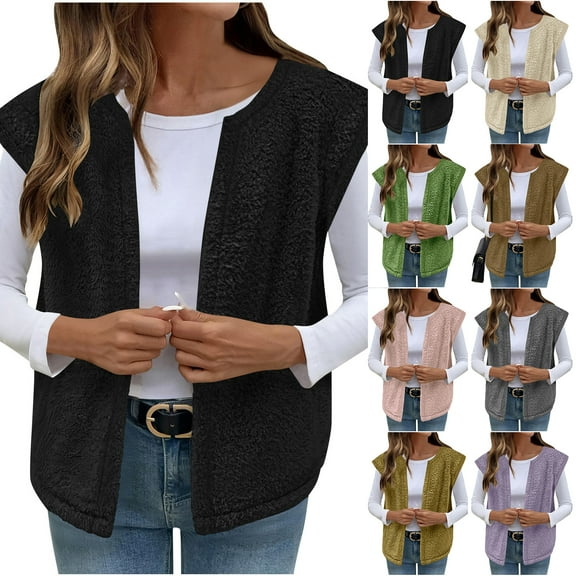 Otntypg Women's Fall Winter Fleece Vest 2025 Trendy Sleeveless Sherpa Jacket Button Down Open Front Fuzzy Thick Warm Outerwear Tops Gray L