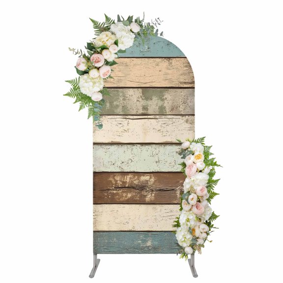 Arch Backdrop 6.6 Ft, Farmhouse Teal Brown Spandex Stretch Fitted Arch Cover, Round Top Chiara Arches Stand Backdrop Cover for Wedding Birthday Party Baby Shower Country Ombre Wooden
