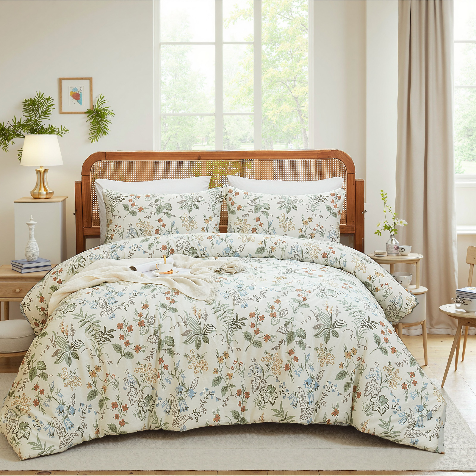 100% Cotton Comforter Set Queen Size, Botanical Floral Comforter with 2 Pillowcases, Vintage Garden Flowers Pattern, Soft Breathable Bedding for All Seasons