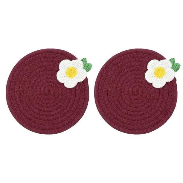 2Pcs Manteles Individuales Redondos Trenzados, 7.1" Manteles Tejidos para Mesa de Cocina con Flores para Decoración de Granja (Rojo)