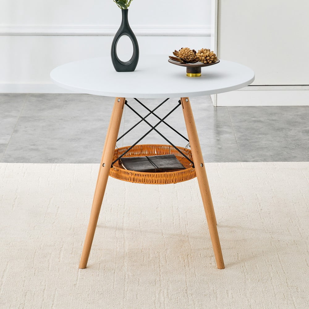 31.5" Round Dining Table, White MDF Vacuum-Formed Tabletop with Solid Wood Legs, Woven Storage Basket, Modern Kitchen Table for 2-4