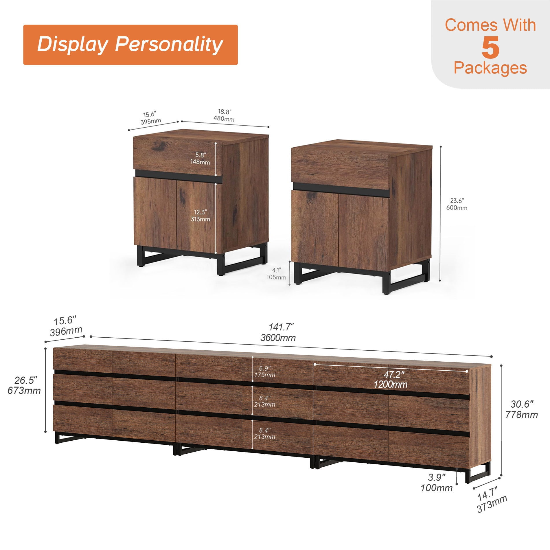 WAMPAT Modern 5-Piece Bedroom Furniture Set, 142 Inch Dresser with 18 Drawers & 2 Nightstands with Drawer and Cabinet Design, Brown