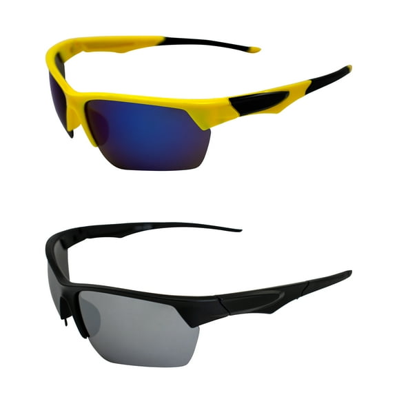 AlterImage Orion Wraparound Sports Retro Sunglasses for Men or Women 2 Pair Yellow & Black Semi-Rimless Frames w/ Coinjected Rubber Tips & G-Tech Blue/Flash Mirror Lenses