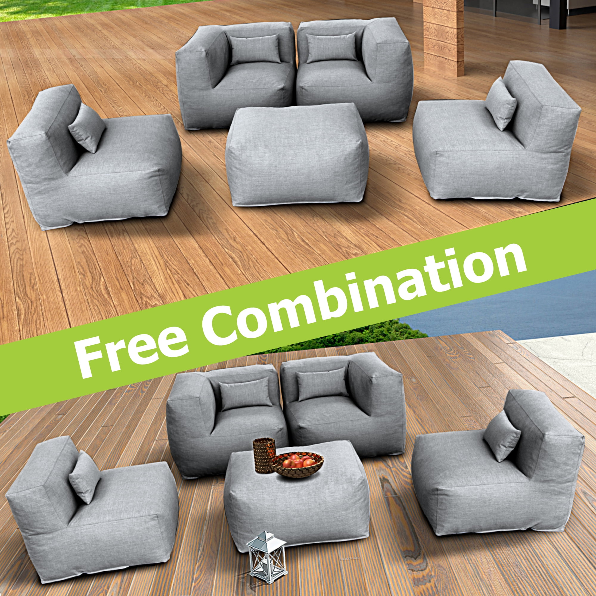 5 Pieces Olefin Patio Conversation Set with Thickened Cushions 4-Seat Outdoor Furniture Set with Bean Bag Chairs (Dark Gray)