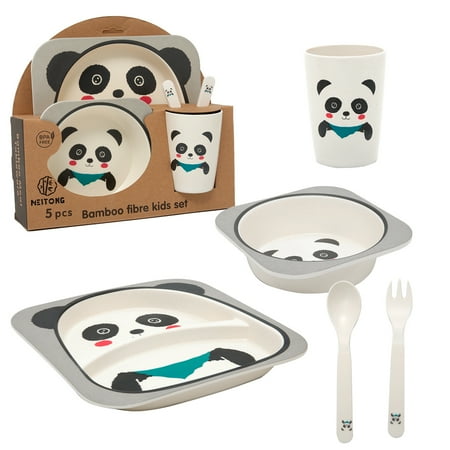 

WiseWater 5 Piece Kids Dinnerware Set Bamboo Fiber Kid Plates and Bowls Set Baby Dishes Divided Toddler Plates for Child Cartoon Pattern Design Panda