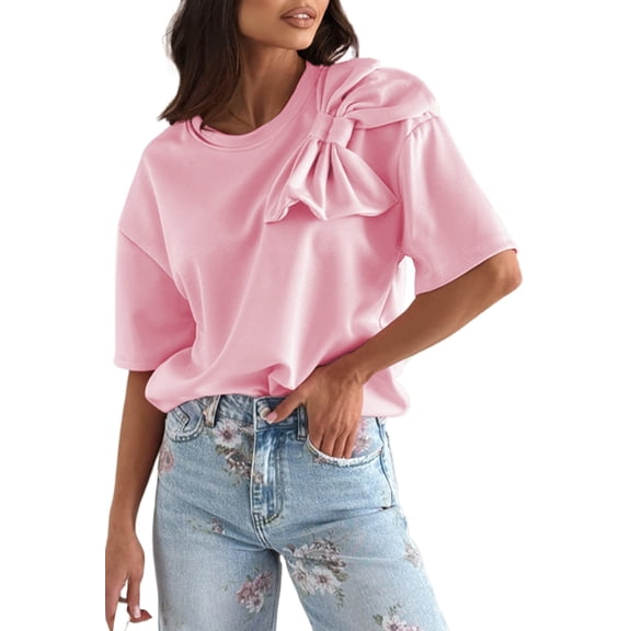 Charming Pink Bow Applique Half Sleeve T-Shirt for Women | [ZhiHiMeRi] | (US 12-14)L