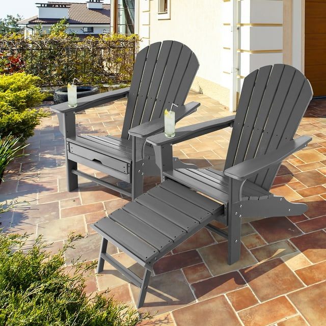 Costway 2 Pcs Chaise Adirondack d'Extérieur en HDPE pour Patio Siège de Plage Ottoman Rétractable Gris