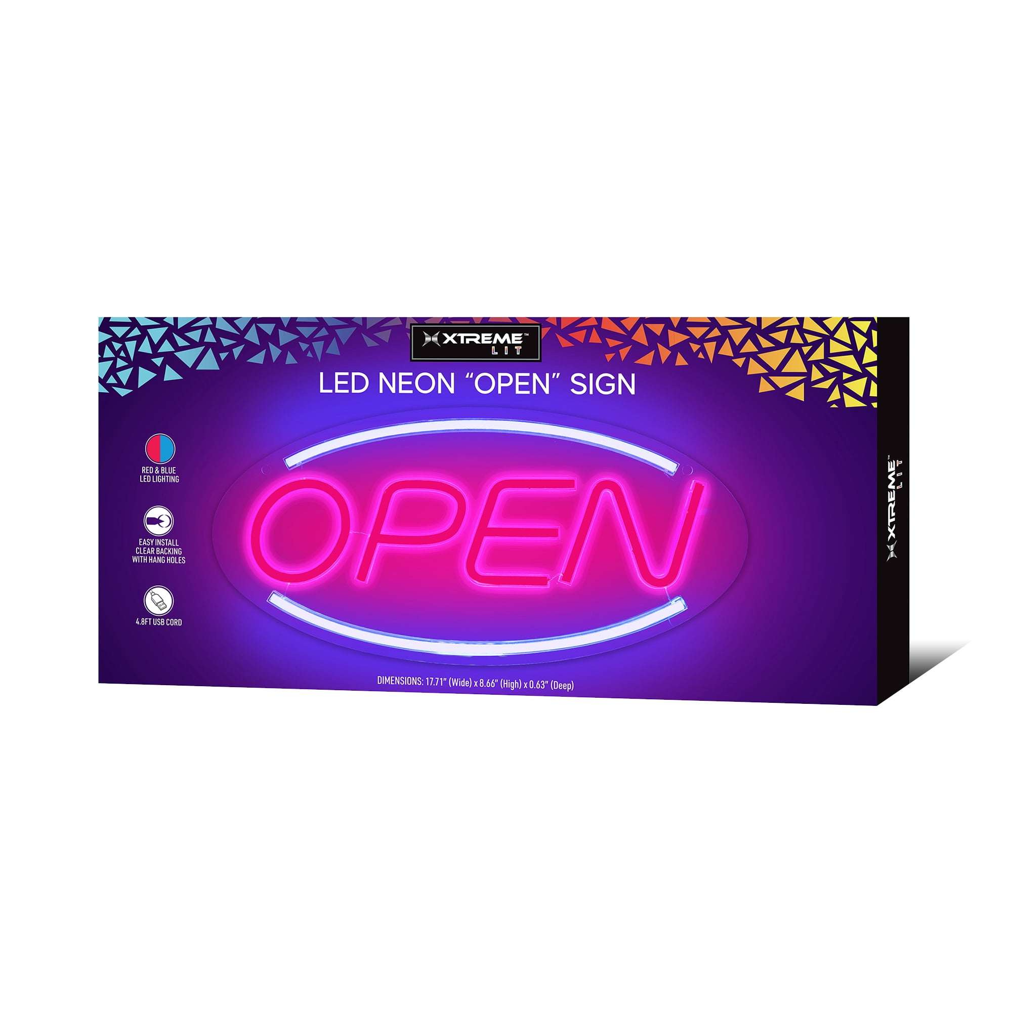 Xtreme Lit LED Neon "OPEN" Sign – Red & Blue Lights, USB Powered, Clear Backing, Wall Hanging Holes, 4.8ft Cord