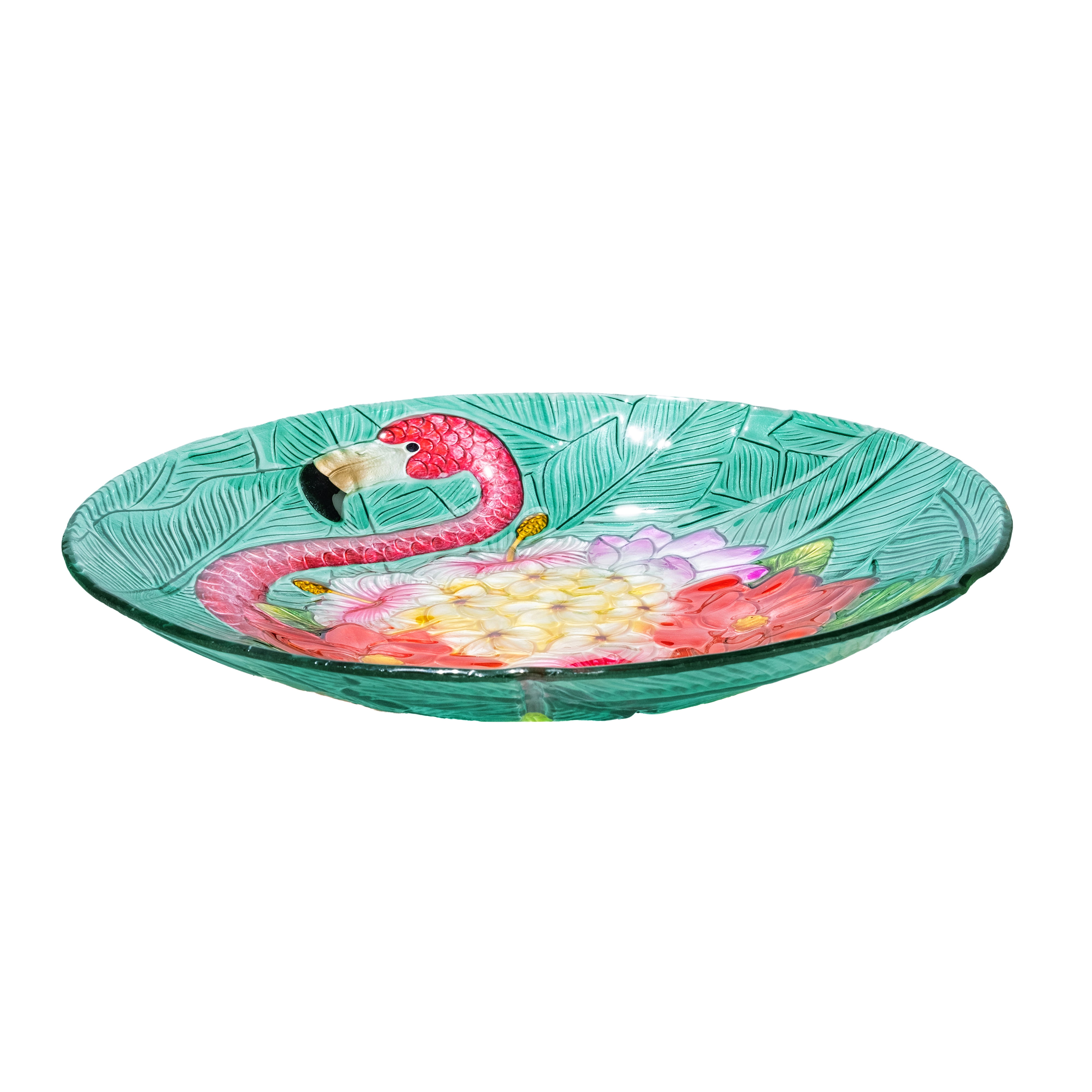 Teamson Home 17.8" Fusion Glass Flamingo Design Birdbath with Metal Stand, Multi