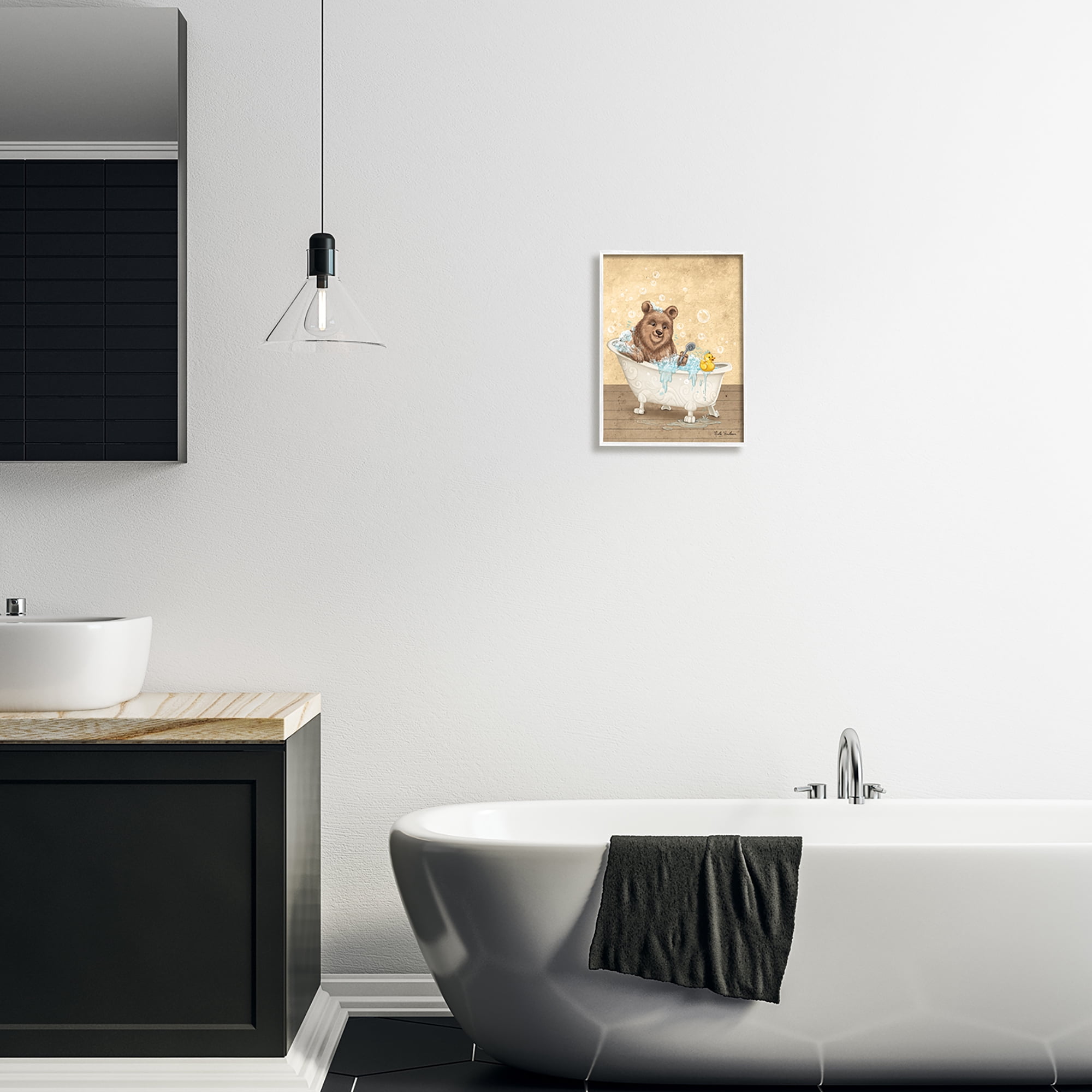 Stupell Industries Bear & Rubber Duck Bath Animals & Insects Painting White Framed Art Print Wall Art, 11 x 14