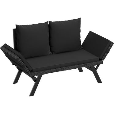 Flamaker Outdoor Convertible Sofa, Woven Rattan Patio Furniture Sunbed with Adjustable Armrests, Removable Cushions and Pillows for Patio, Porch, Pool (Black Lounger & Black Pillowcase)
