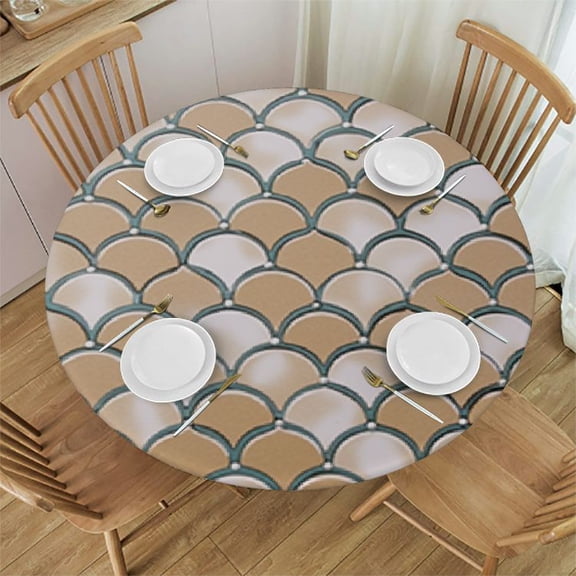 BANET Round Vinyl Fitted Tablecloth with Flannel Backing Elastic Edge Design Table Cover Waterproof Oil-Proof PVC Table Cloth Wipeable for Round Table 31"-35