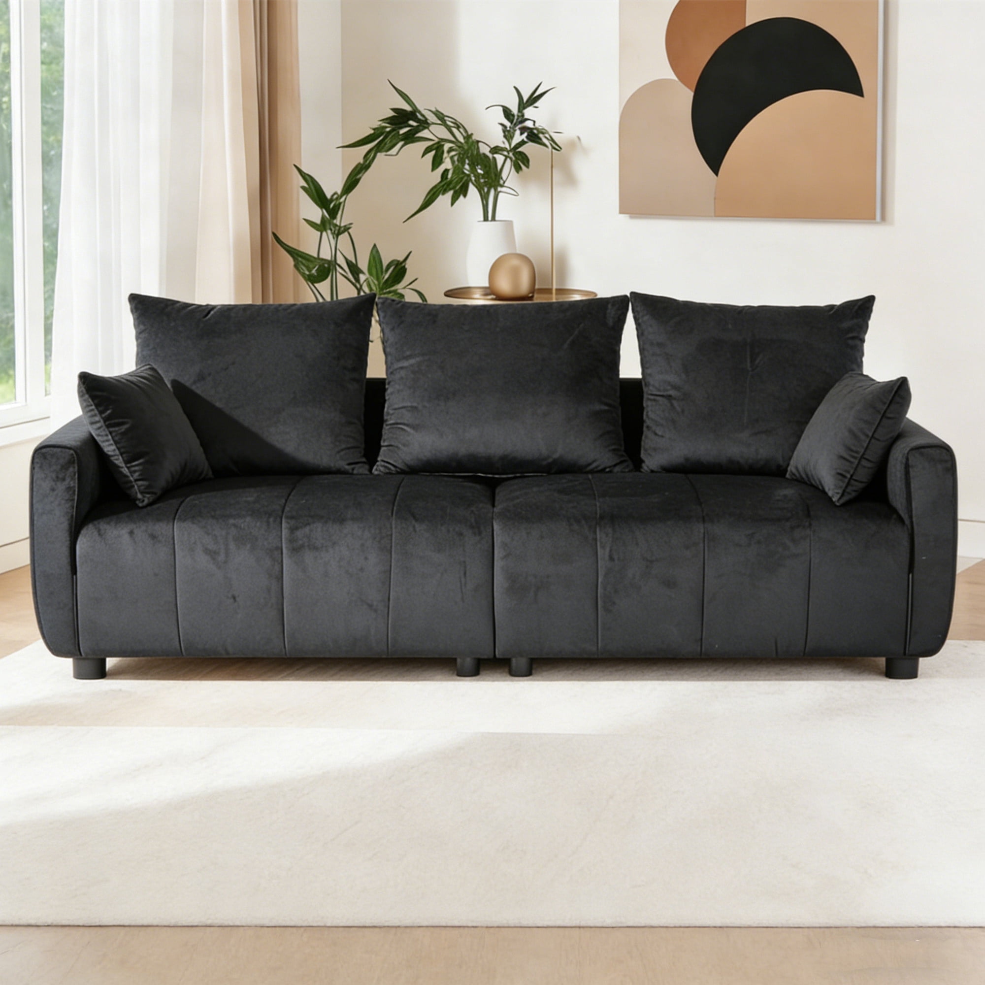 Aukfa 83" Modern Sofa Couch for Living Room Bedroom, 26" Deep Seat, 5 Pillows, Velvet, Black