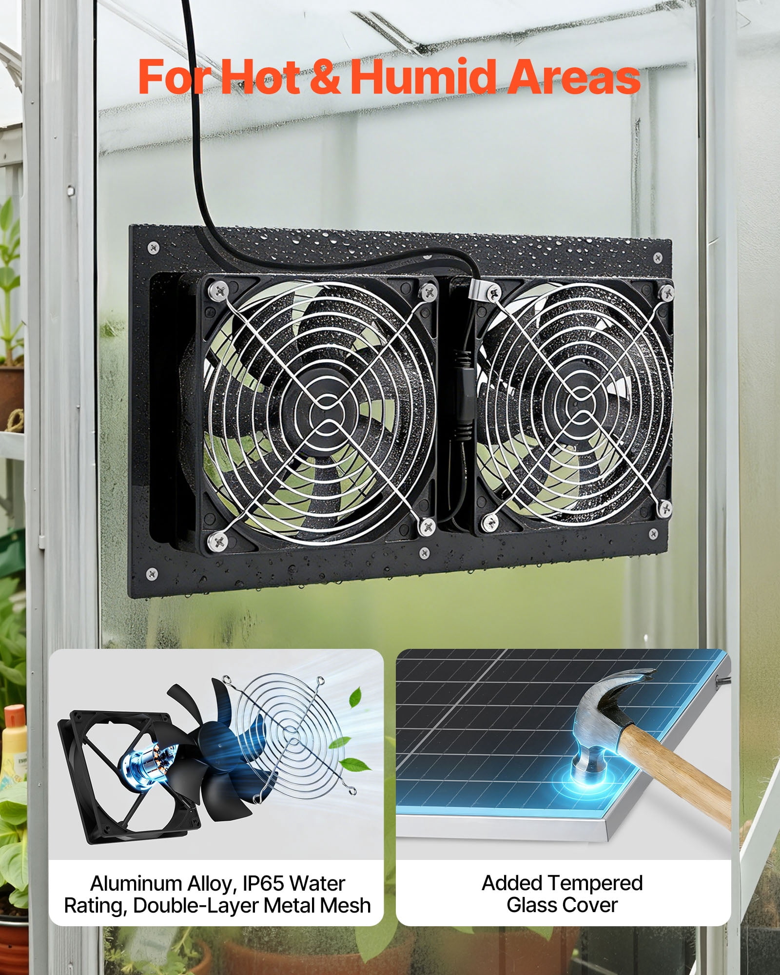 VEVOR Solar Powered Fan, 15W Solar Panel with 2 Fans, Adjustable Solar Panel Angle, 2668 RPM High-Speed, Flexible Installation, Fast Air Exchange for Greenhouse, Grow Tents, Chicken Coops, Shelters