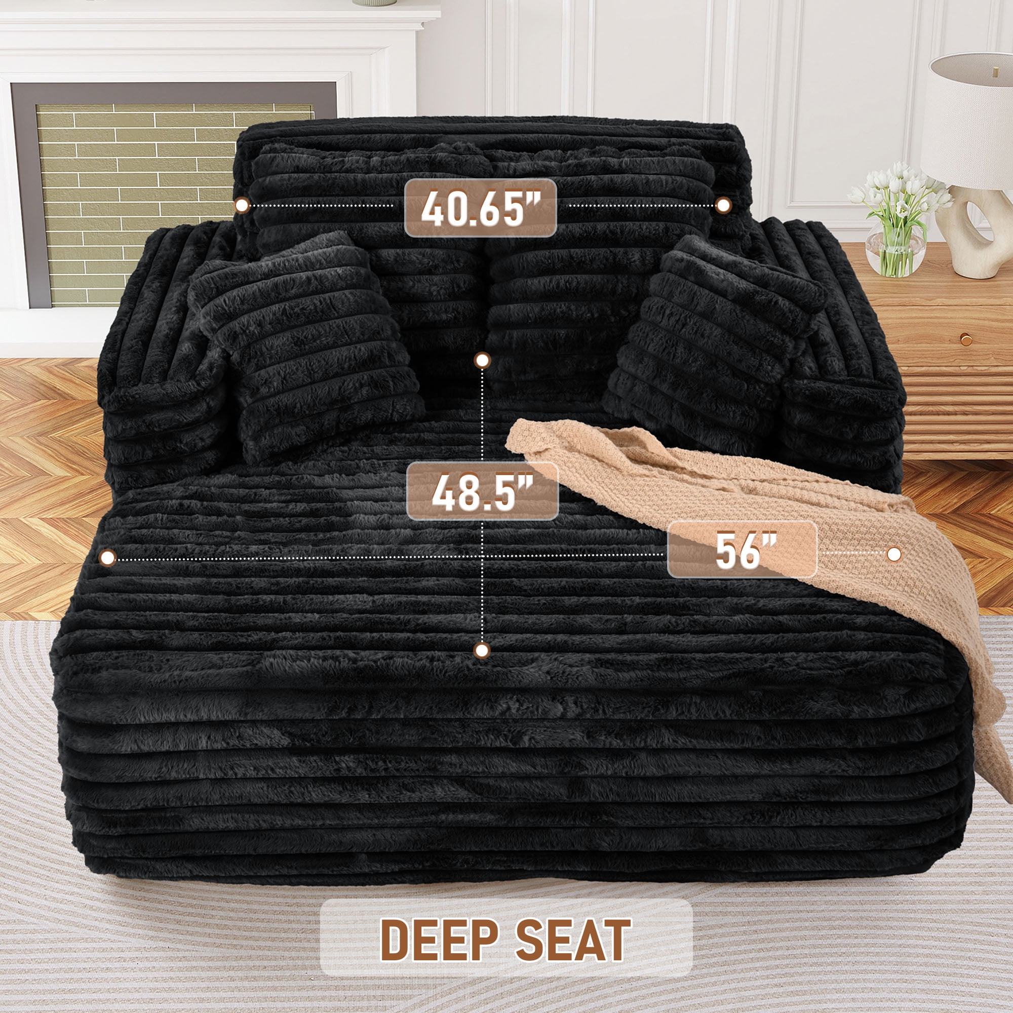 Muumblus Oversized Chaise Lounge Chair Indoor Furniture, No Assembly Required, Plush Corduroy Upholstered Sofa Bed Cozy Sleeper Couch for Living Room, Bedroom, Black