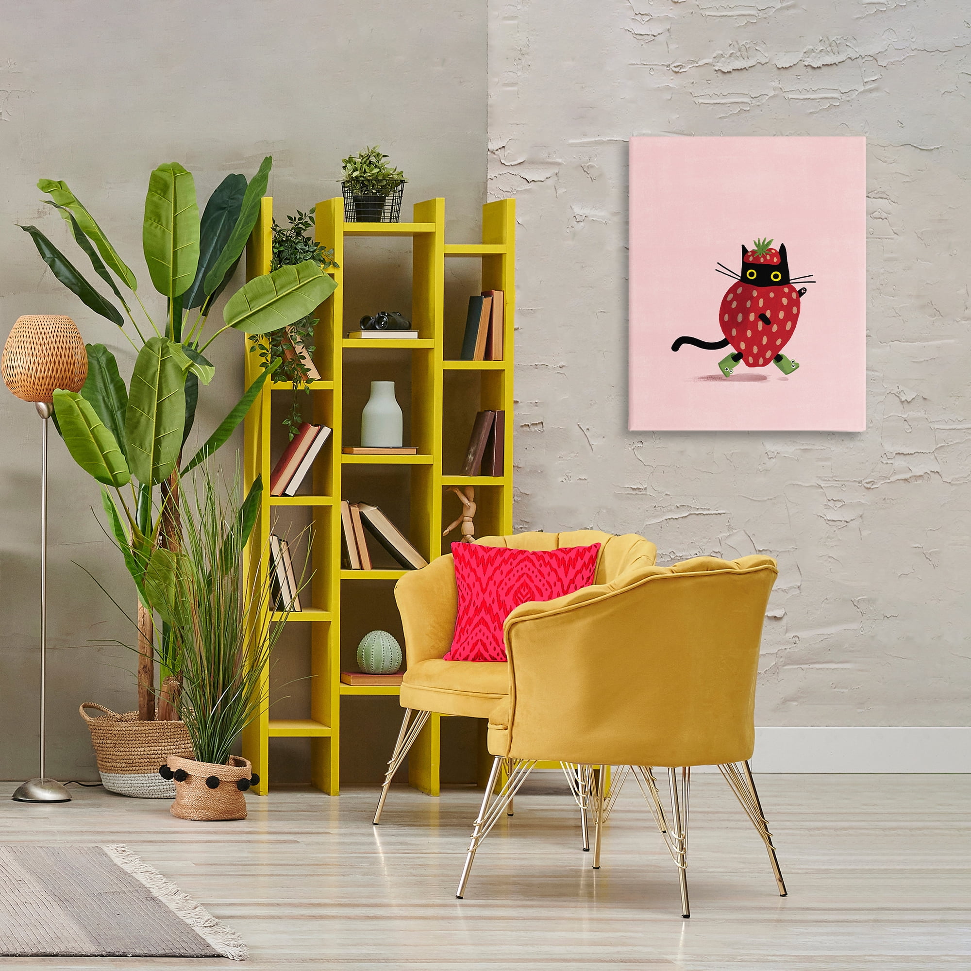 Stupell Industries Strawberry Cat on Pink Animals Painting Wrapped Canvas Art Print Wall Art, 24 x 30