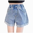 thumbnail image 3 of KPOPLK Girls Jean Shorts Bow Embroidery/Cargo/Ripped Summer Teen Elastic Waist Bermuda Denim Jorts Pockets Casual 8-14Y,Blue,Size 2-3 Years, 3 of 5