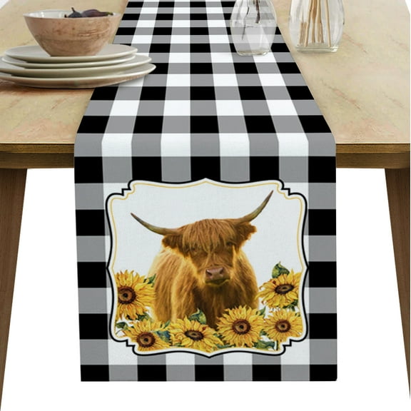 Table Runner Dresser Scarves 90 Inch Long, Funny Highland Cow Animal Farm Sunflower Linen Dining Table Runners Buffalo Grid Tabletop Scarf for Wedding Holiday Party Kitchen