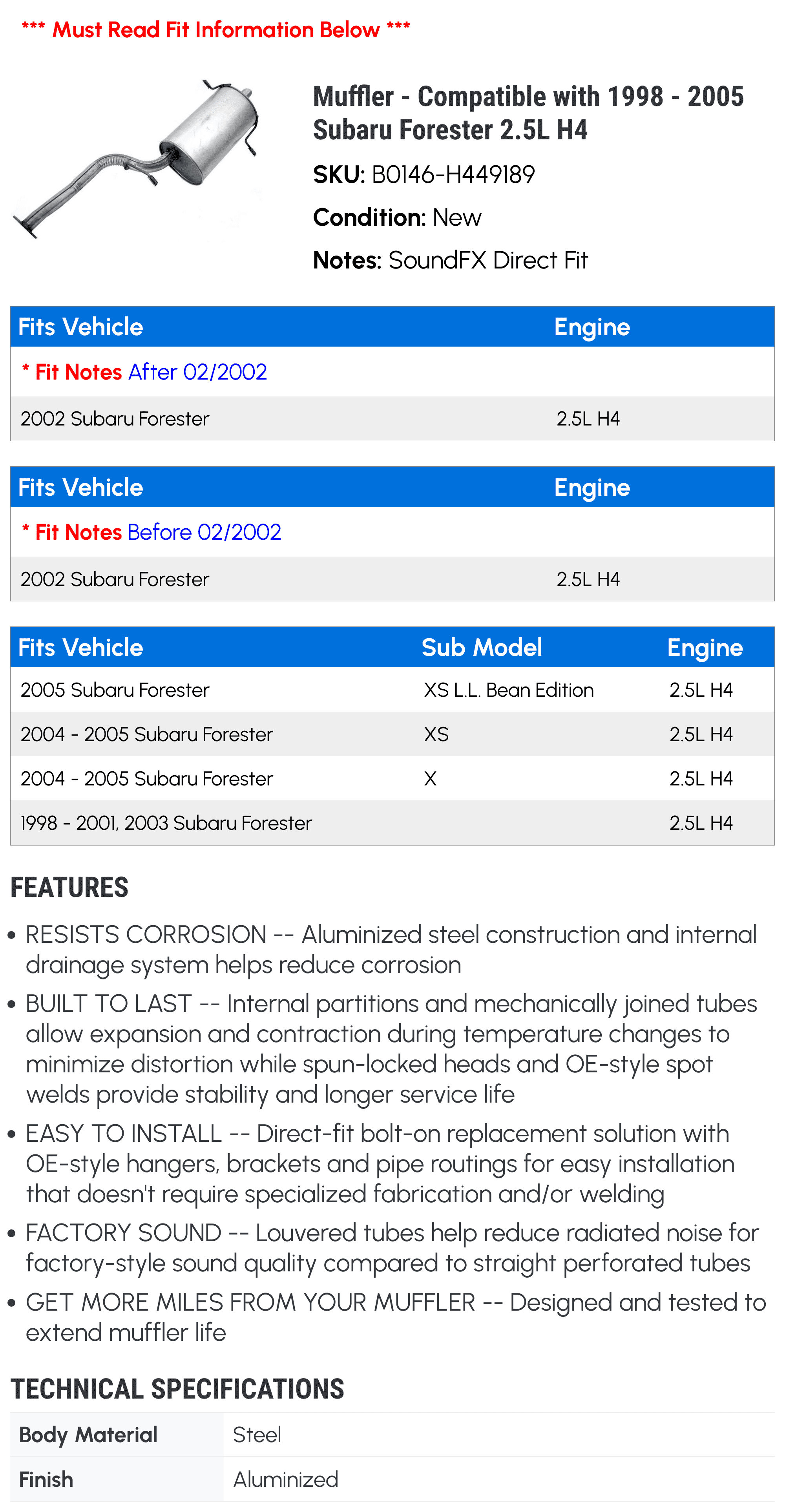 Muffler - Compatible with 1998 - 2005 Subaru Forester 2.5L H4 - Walker
