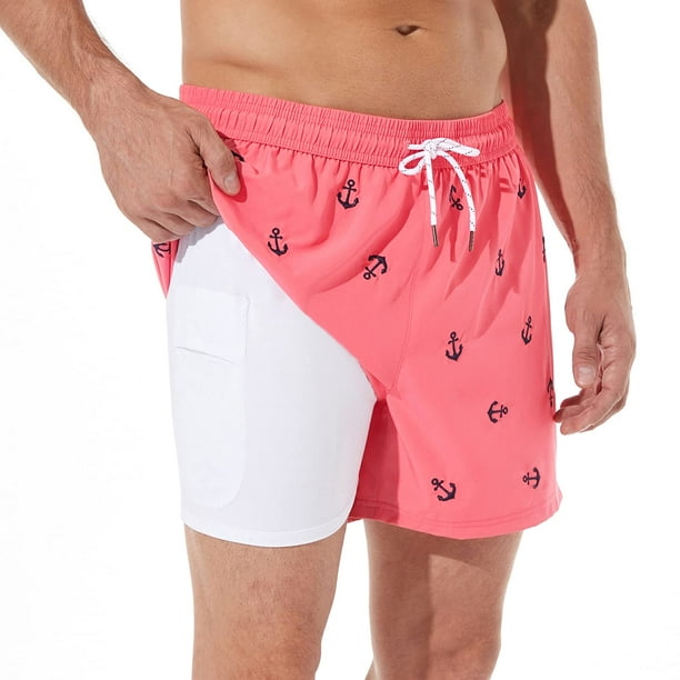 Men's 6 Inseam Swim Trunks with Compression Liner in Color Red
