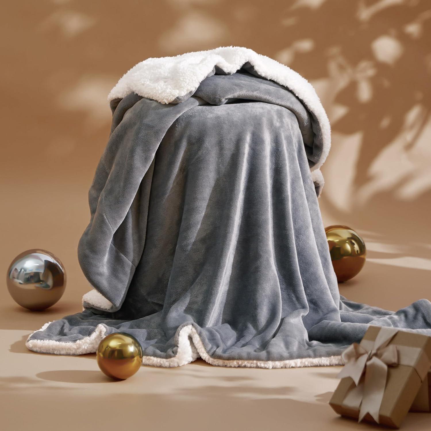 50x60 Sherpa Fleece Throw Blanket, Thick Warm Fluffy Soft Fuzzy Blankets for Winter, Reversible Lightweight Travel Throw, Gray