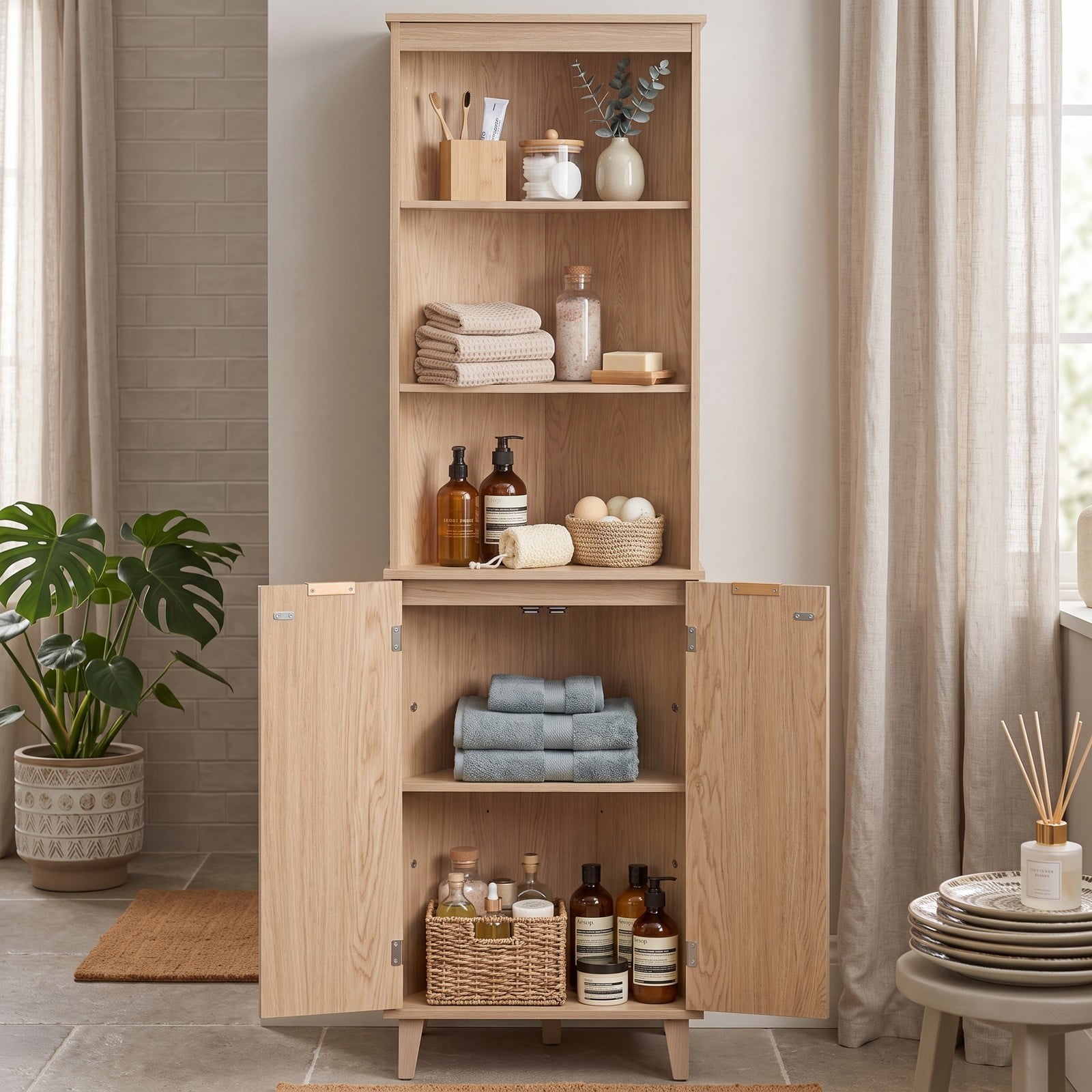 Fenbeli 68 Inch Tall Corner Cabinet with Fluted Doors, Freestanding Bathroom Floor Storage Cabinet with 3 Open Shelves and Enclosed Compartment, Anti-Tip Kit and, Oak