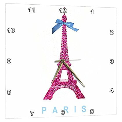 3dRose Hot Pink Eiffel Tower from Paris with girly blue ribbon bow - White stylish Parisian France souvenir, Wall Clock, 15 by