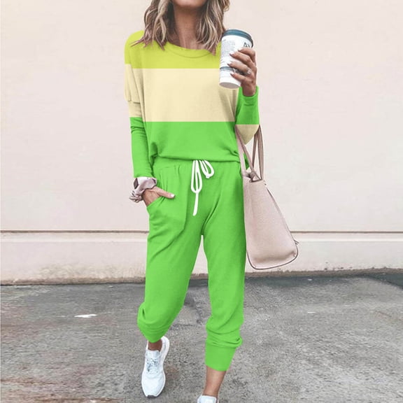 Miqool Lounge Sets for Women 2 Piece Outfits Sweatsuits Set Colorblock Tops Long Pant Loungewear Workout Athletic Tracksuits