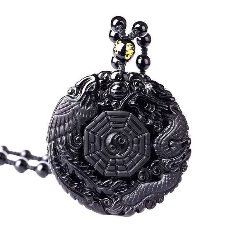 Black Obsidian Carving Wolf Yin Yang Dragon and Phoenix Lucky
