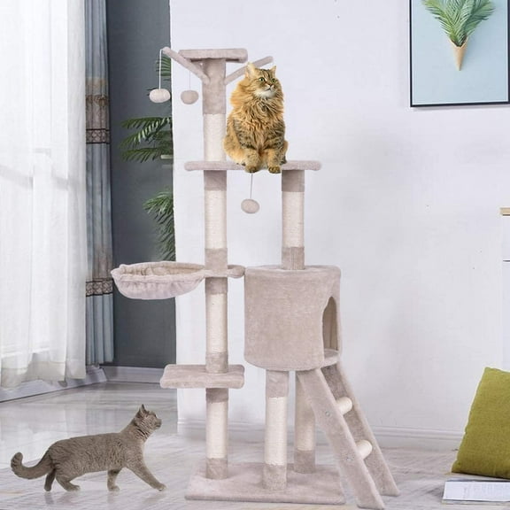 S AFSTAR 56 Inch Cat Tree Tower Condo, Multi-Level Cat Furniture Activity Center with Cat Scratching Posts, Climbing Ladder, Round House Cat Condo for Kittens Kitty Pet (Beige)
