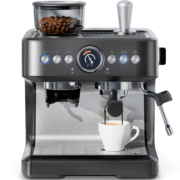 Chefman Crema Deluxe Double Boiler Espresso Machine with Conical Burr Grinder and Steam Wand – Black